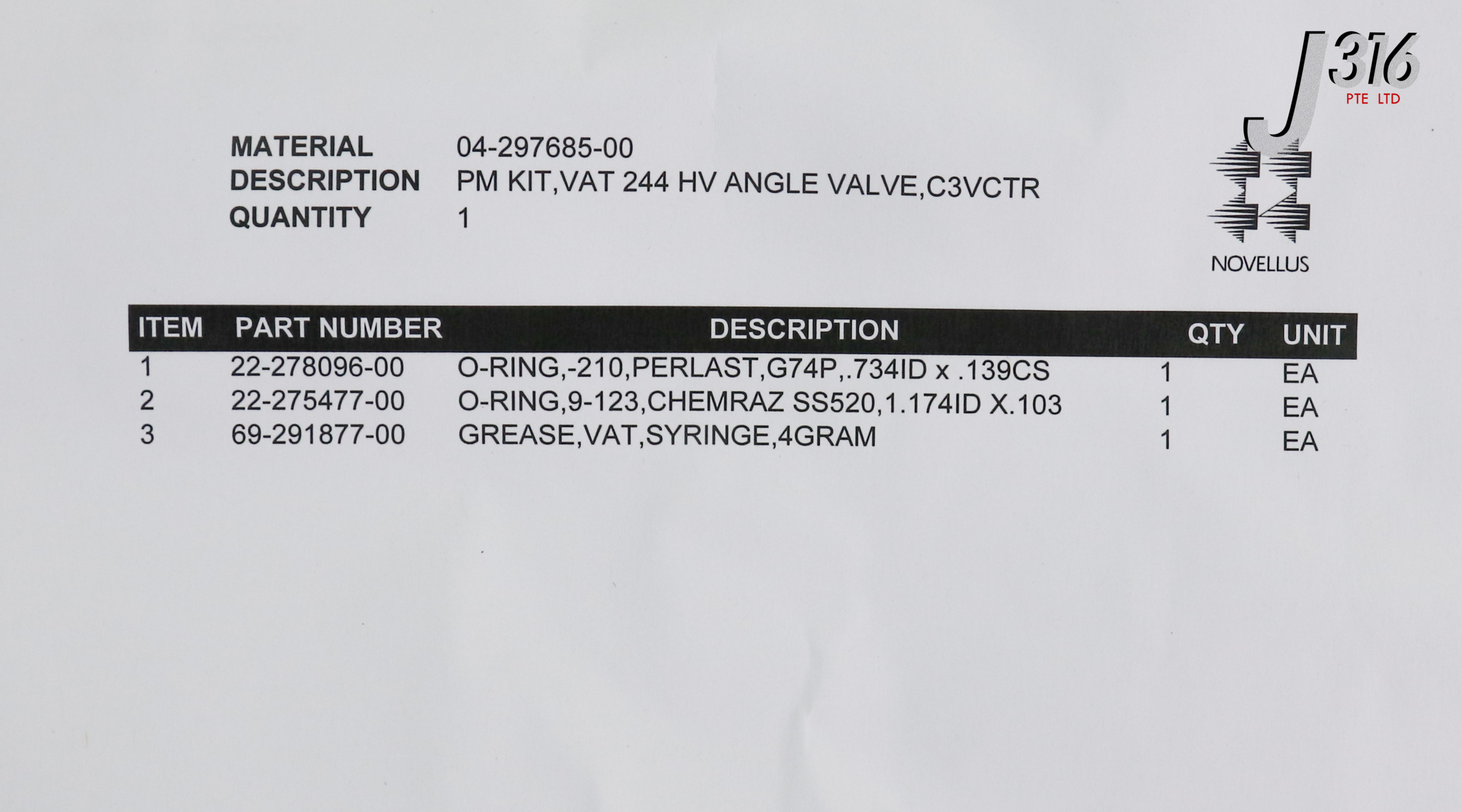 24563 NOVELLUS PM KIT, VAT 244 HV ANGEL VLV, C3VCTR (NEW) 04